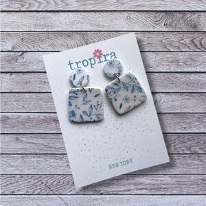 Blue Floral Polymer Clay Dangle Earrings